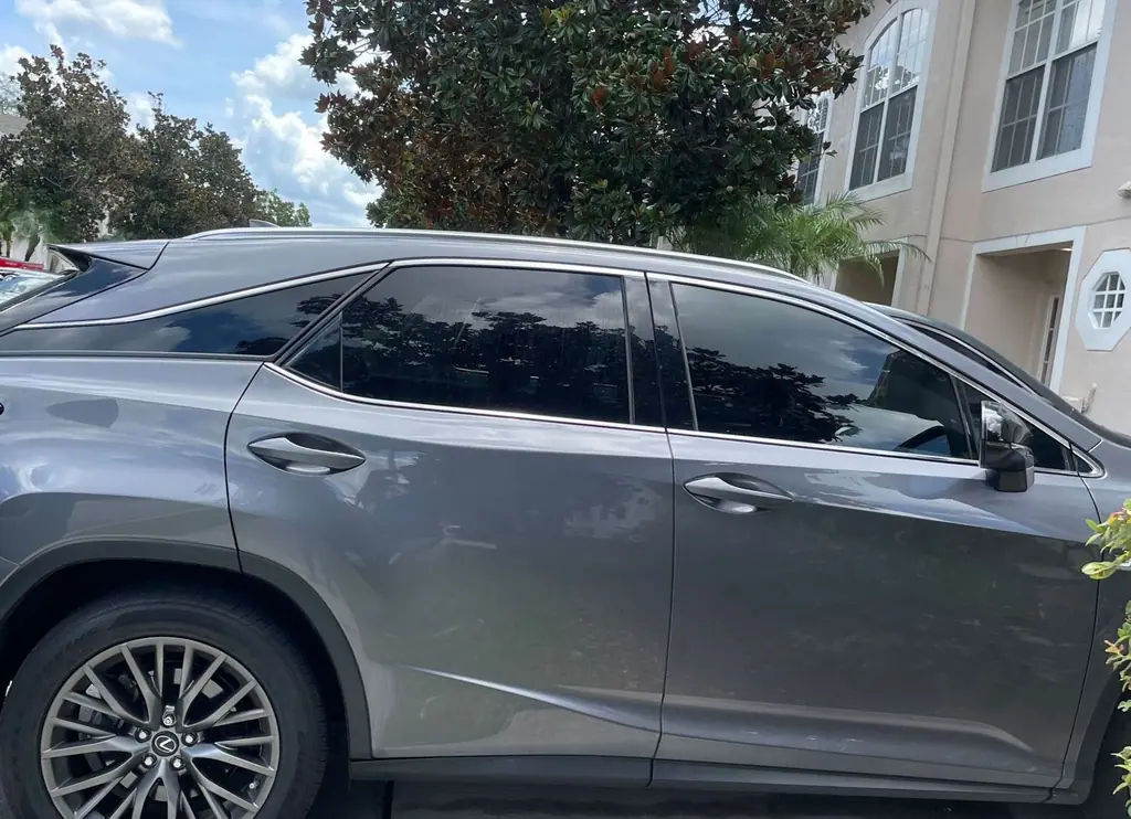 Gray Lexus RX with dark tinted rear doors, quarter glass and back window